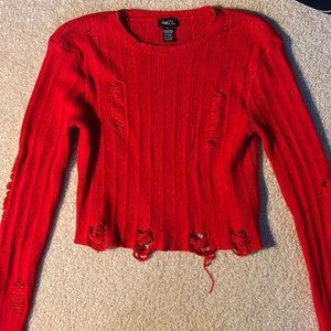 Cropped red distressed sweater